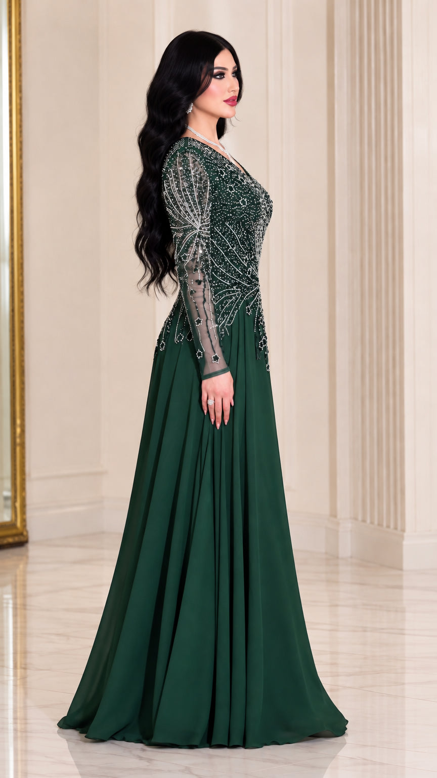 Side profile of woman in dark green floor-length beaded formal dress