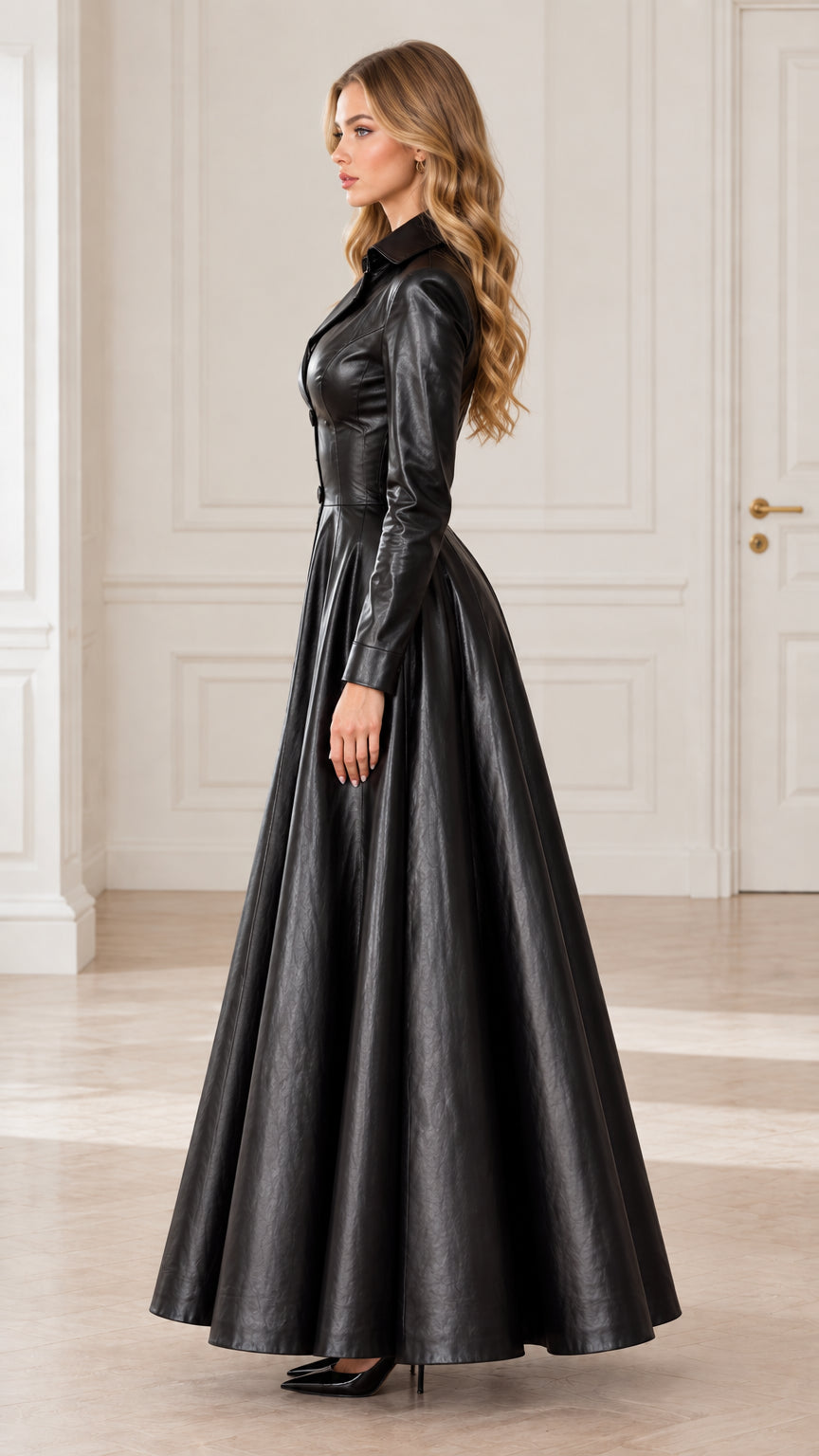Side profile of woman in full-skirted black faux leather maxi dress