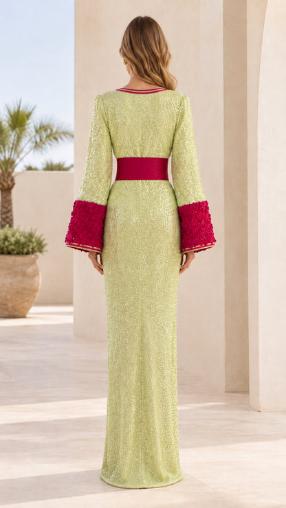 Full back view of lime green sequined kaftan dress with contrast waistband