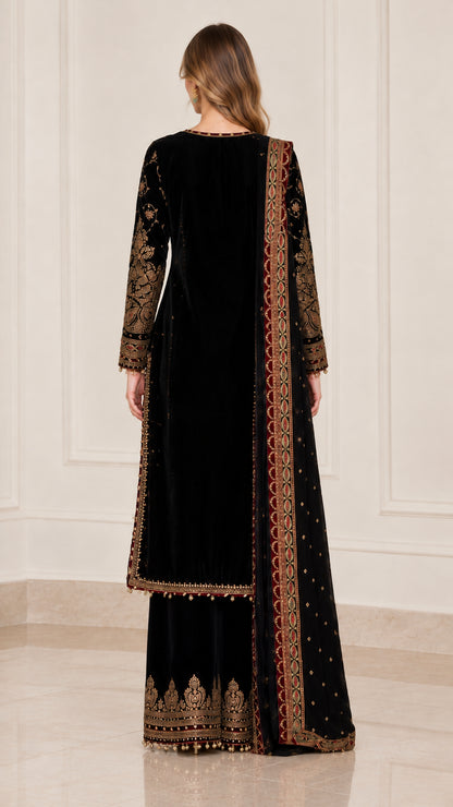Back view of black velvet embroidered kurta suit set draped with dupatta