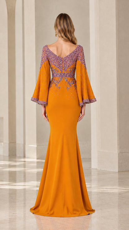 Marigold yellow beaded floor-length evening dress back view