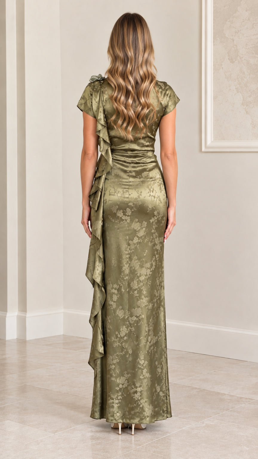 Back view of model wearing Sage Green satin jacquard cap sleeve maxi gown
