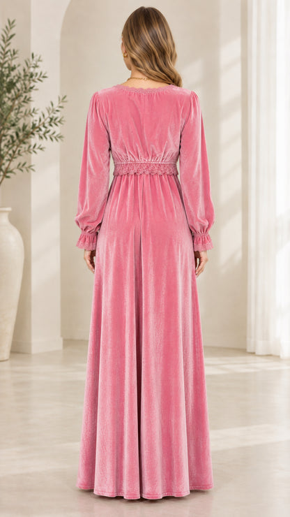 Back view of dusty pink velvet A-line maxi dress