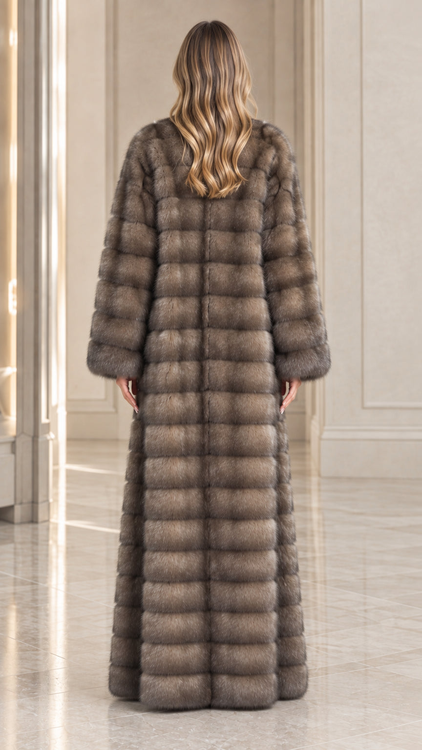 Back view of woman in full-length textured ash brown faux fur maxi coat