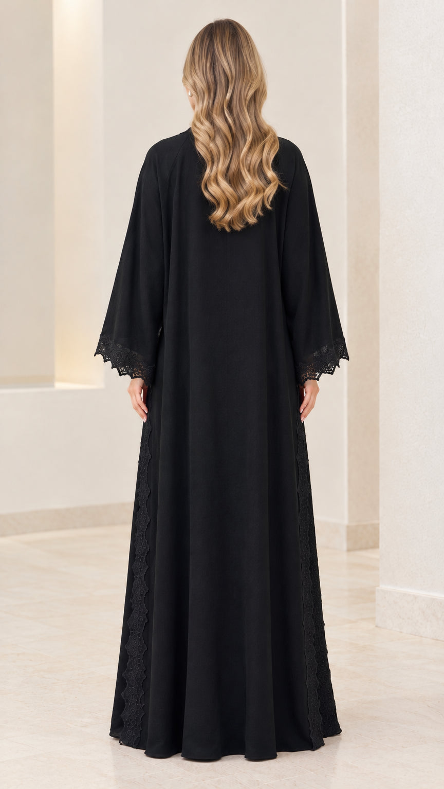 Back full view of women's black flowy modest maxi dress
