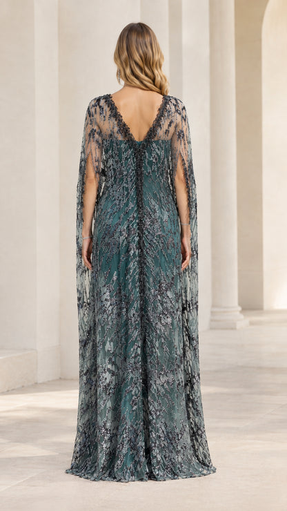 Teal Green embellished evening gown back view showing V-neckline detail