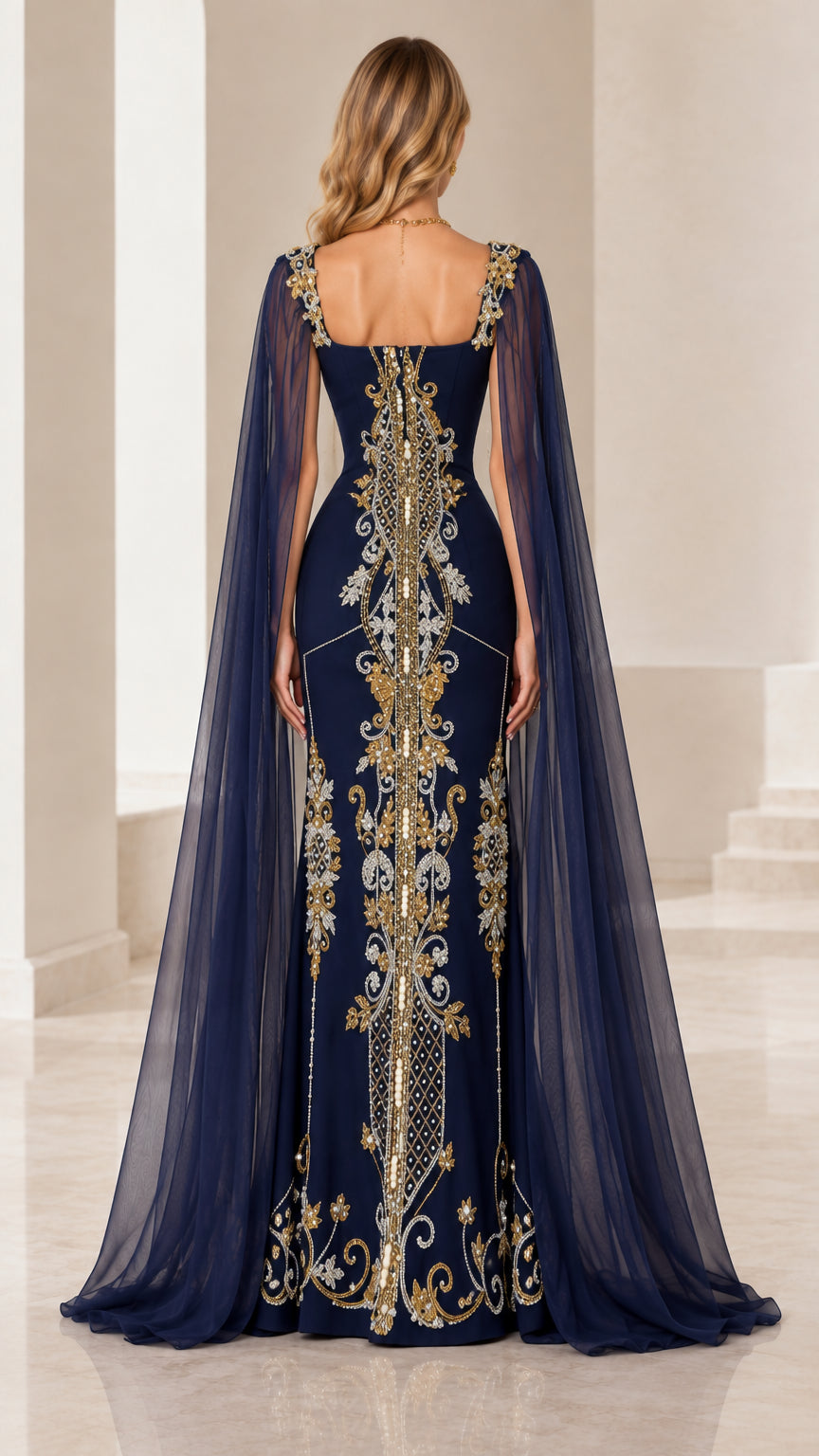 Back view of navy blue cape sleeve evening gown with beaded back detailing