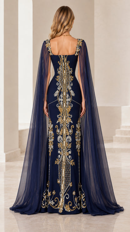 Back view of navy blue cape sleeve evening gown with beaded back detailing