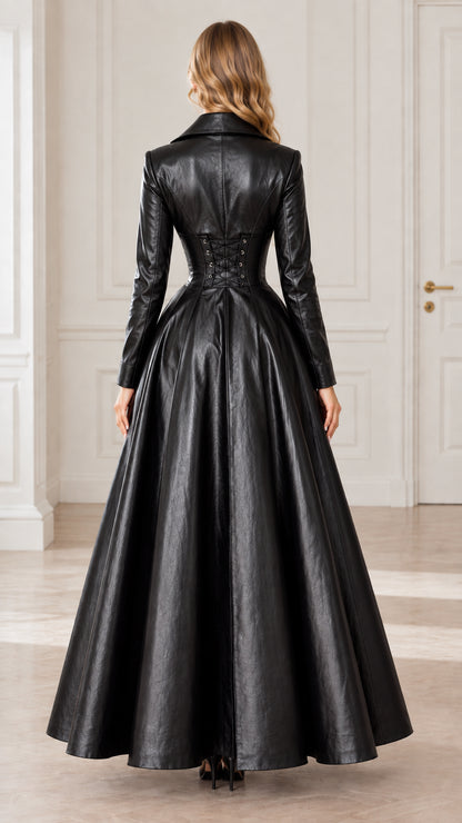 Back full-length view of black faux leather maxi dress showing corset lace-up detail