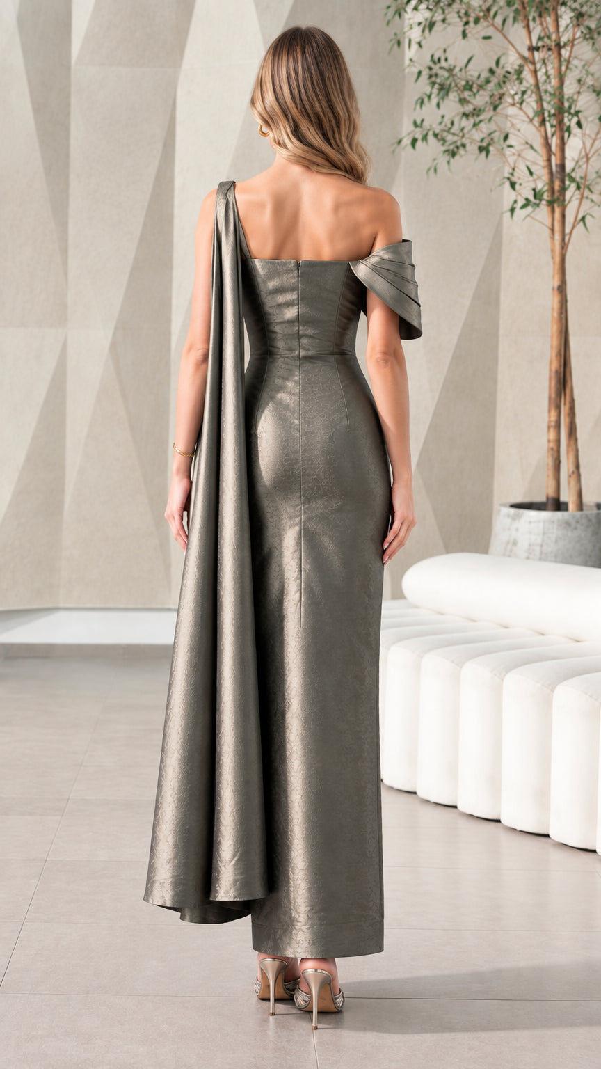 Back view of Charcoal Asymmetrical Beaded Cape Evening Gown showing column fit