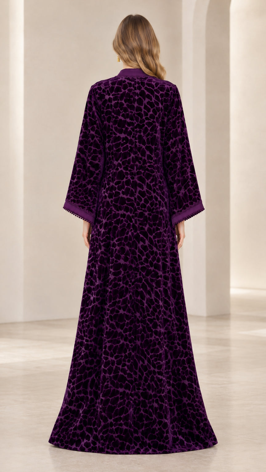 Back view of women's deep purple burnout velvet evening robe dress