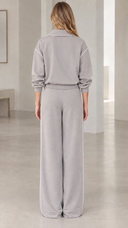 Back view of model wearing Heather Grey wide-leg tracksuit set
