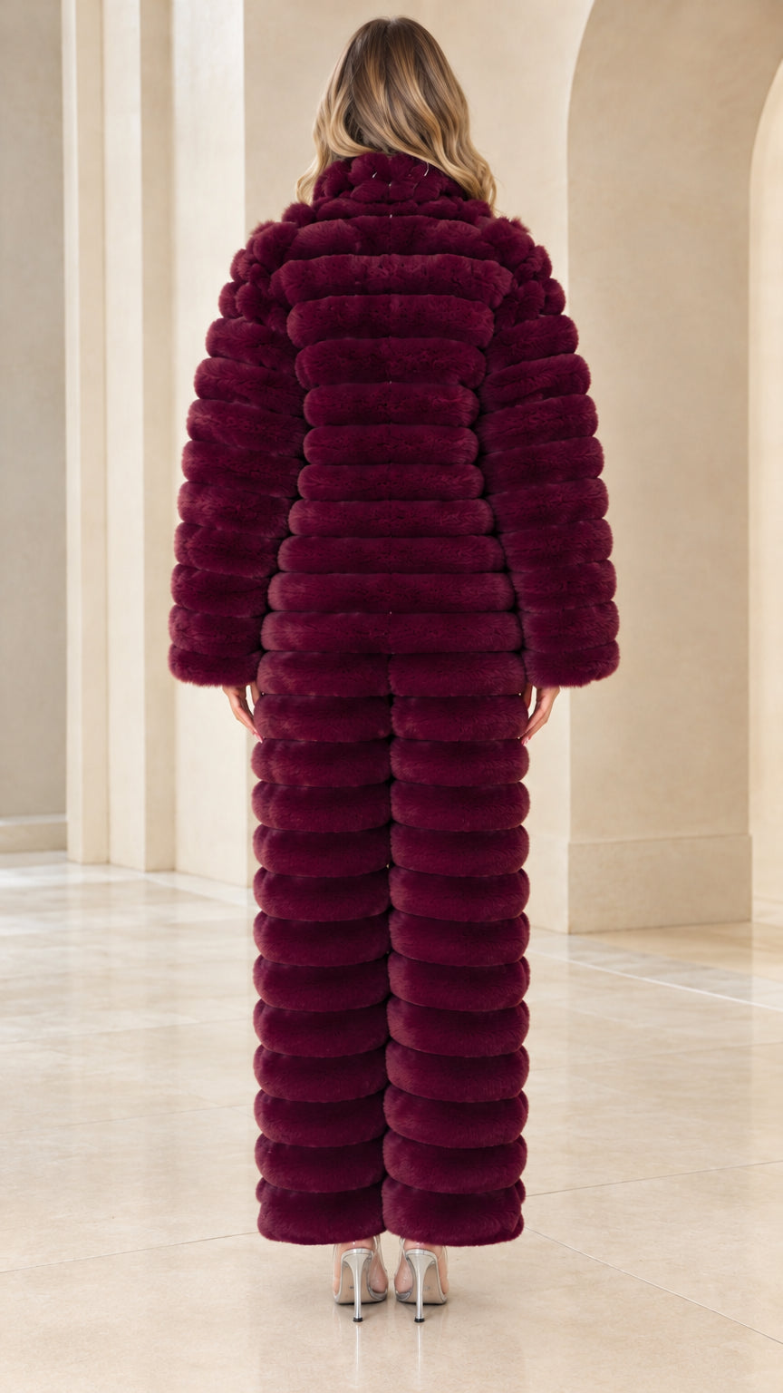 Back view of burgundy ribbed faux fur one-piece jumpsuit