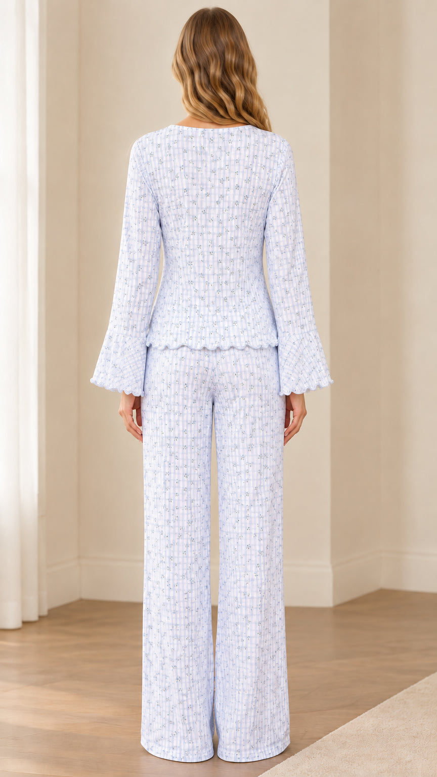 Back view of model wearing Light Blue floral lace-trim pajama set