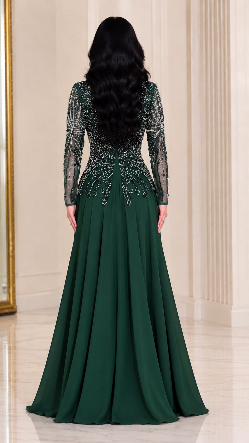 Back view of woman wearing dark green beaded long sleeve maxi evening gown