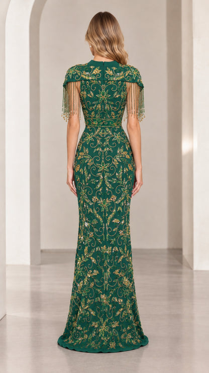 Emerald green floor-length beaded evening dress back view