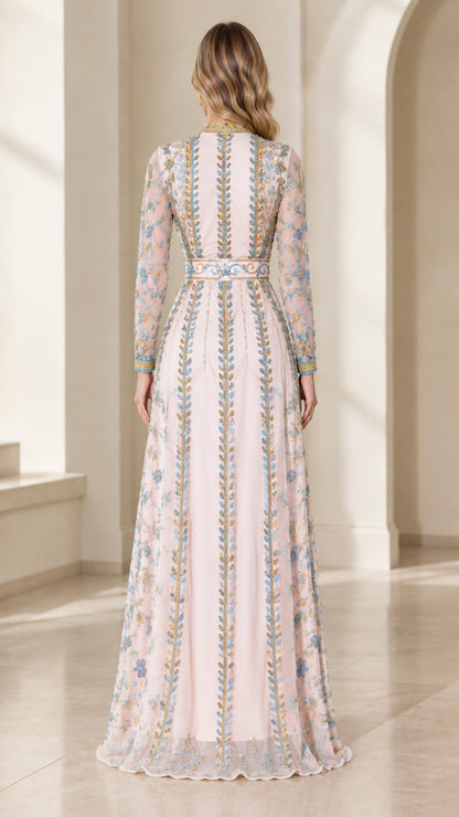 Back view of blush pink floor-length embroidered evening caftan dress