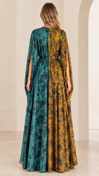 Back view of two tone split maxi kaftan dress