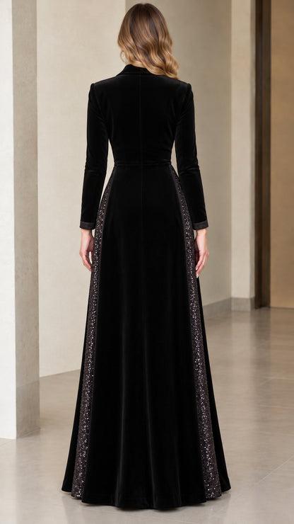 Back full view of black velvet floor-length formal gown