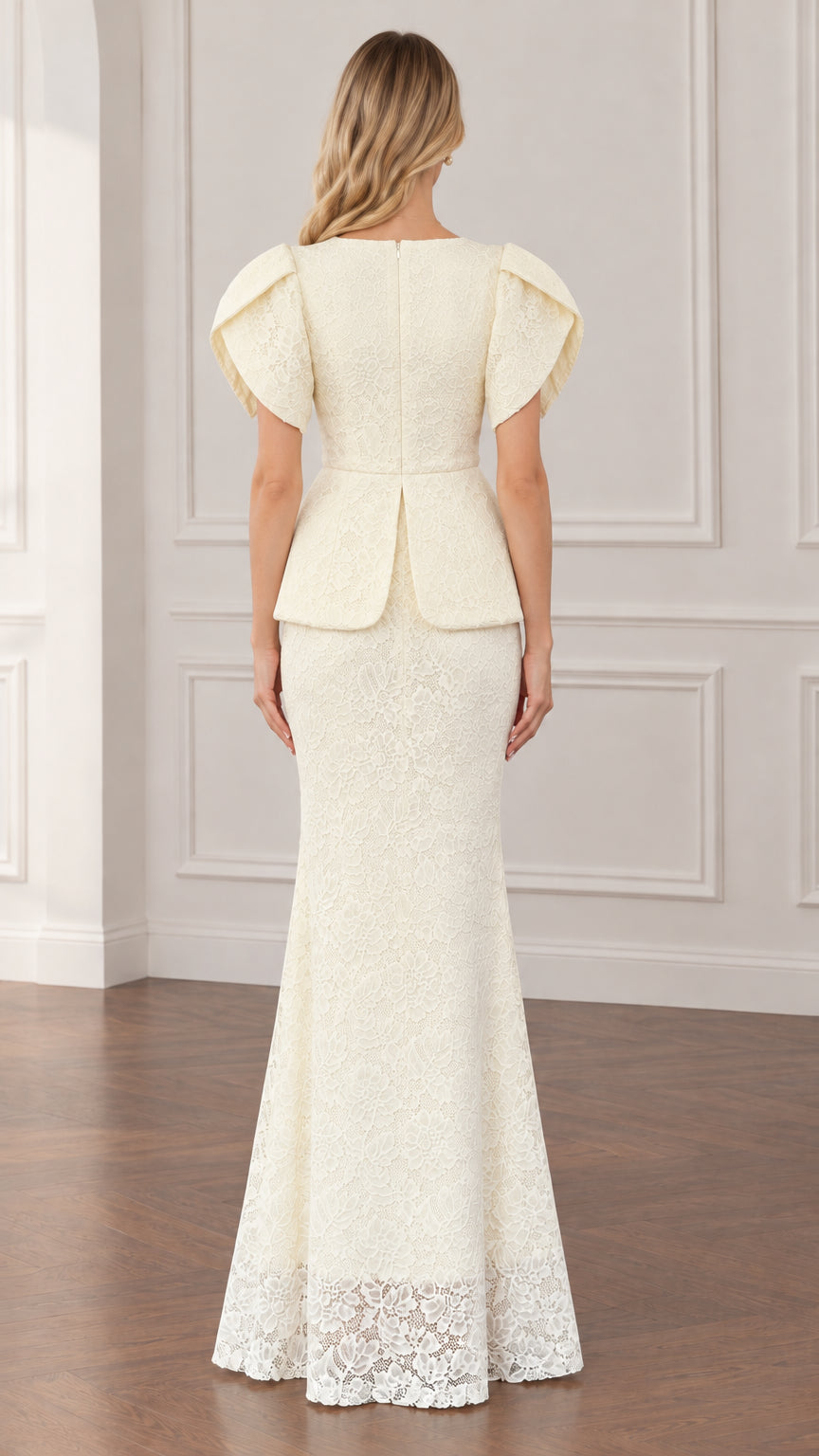 Back view of ivory lace peplum evening gown showing concealed zipper and silhouette