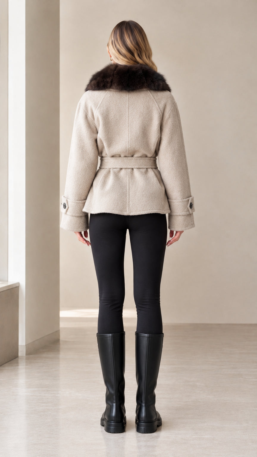 Back view of woman wearing beige belted short coat showing fit and hemline