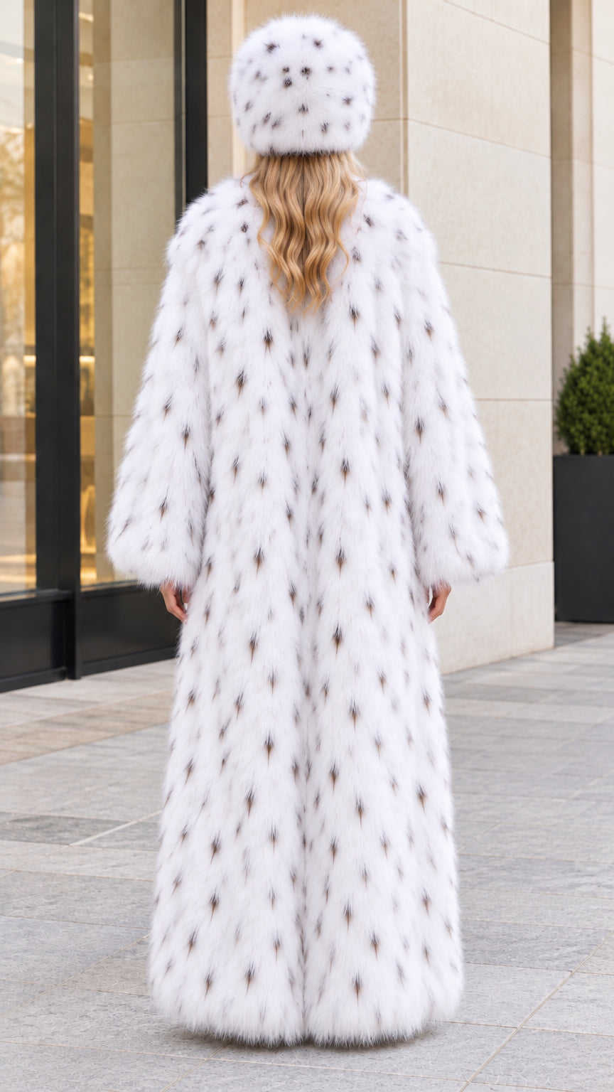 Back view of model in white flecked faux fur long coat with matching hat