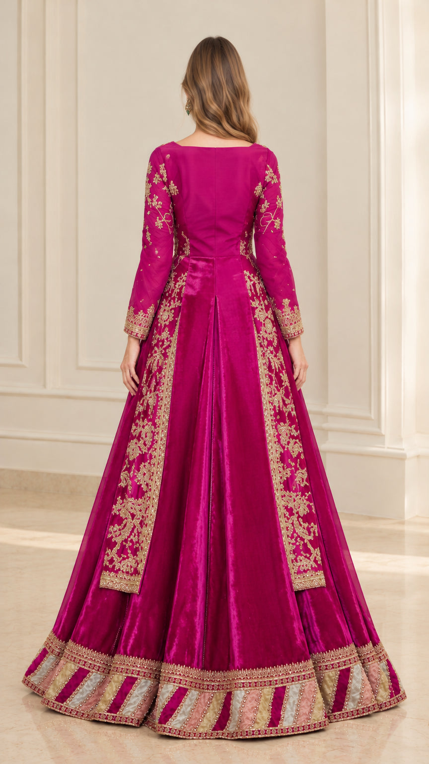 Back view of magenta embroidered A-line maxi dress