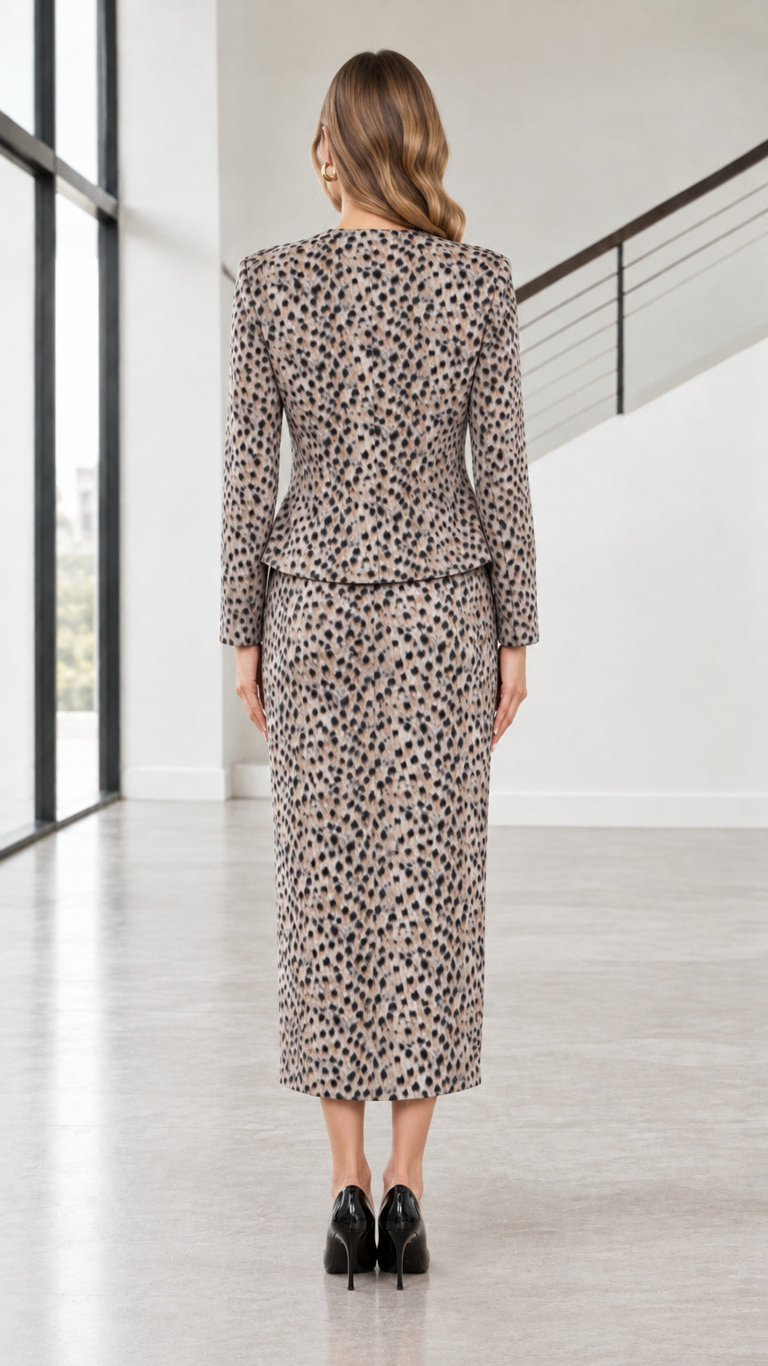 Back view of model wearing taupe two-piece tailored skirt suit set