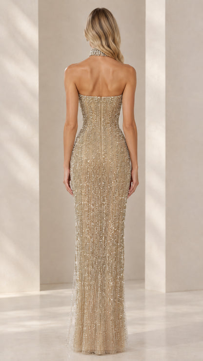 Back view of Champagne Gold strapless beaded evening gown showing sleek silhouette