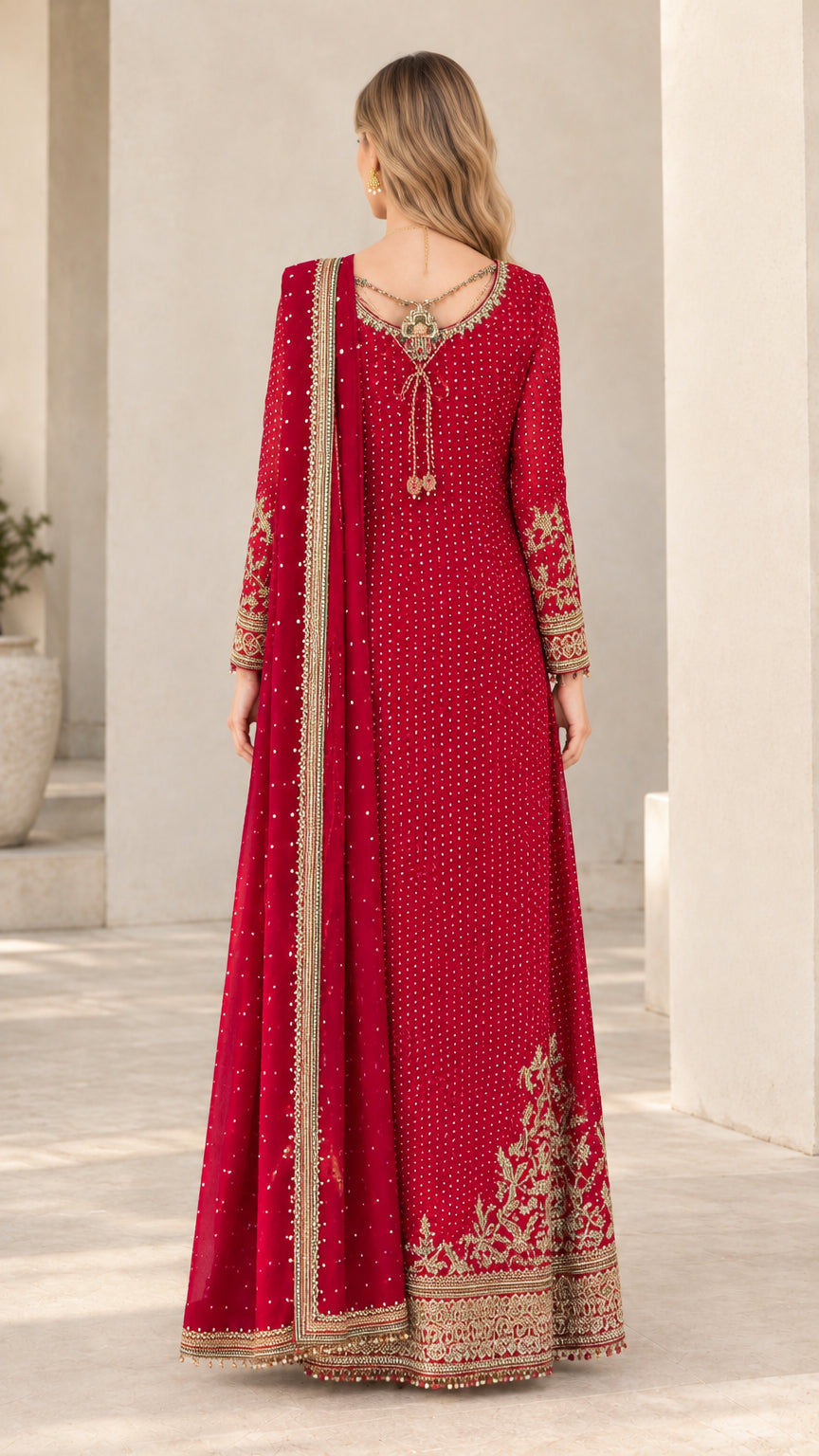 Back view of ruby red formal maxi dress highlighting back neckline details and drape