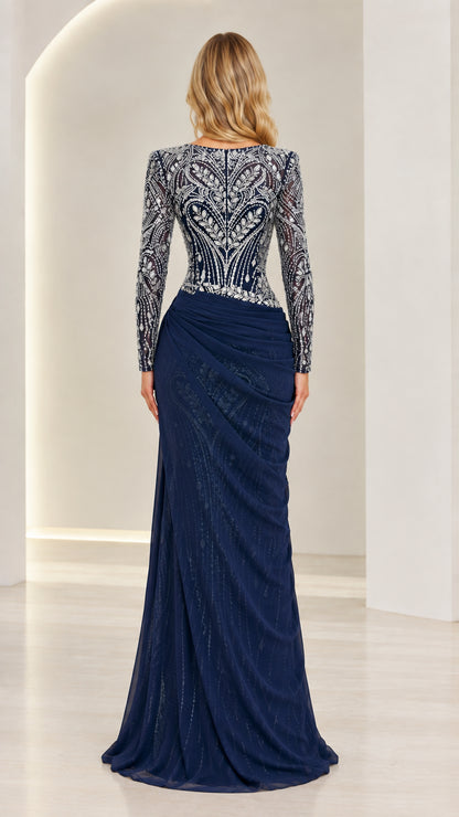 Navy Blue formal evening gown back view showing beaded detailing