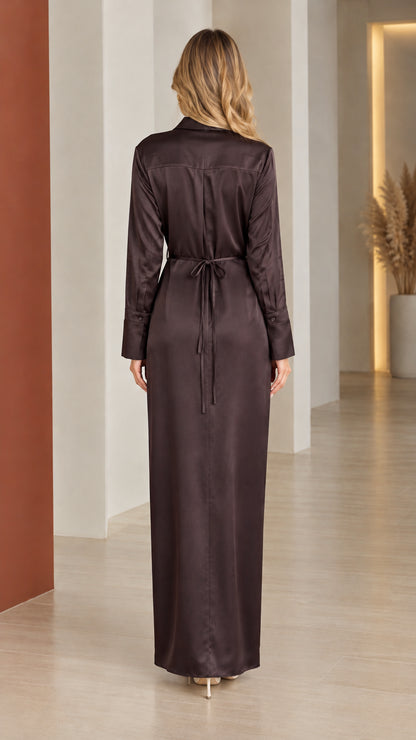Back view of model showing back tie detail on espresso satin maxi dress
