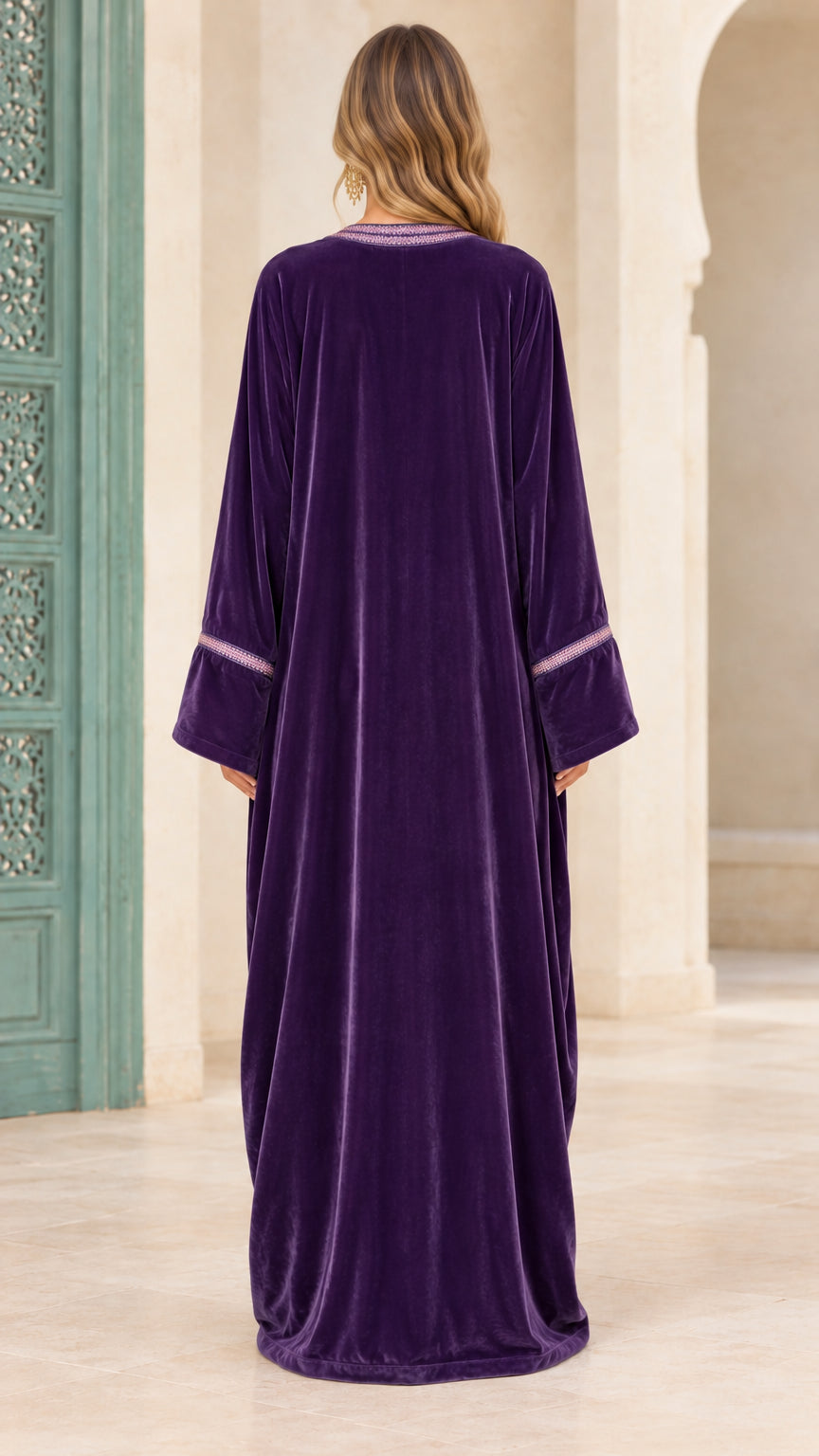 Back view of deep purple floor-length velvet kaftan dress