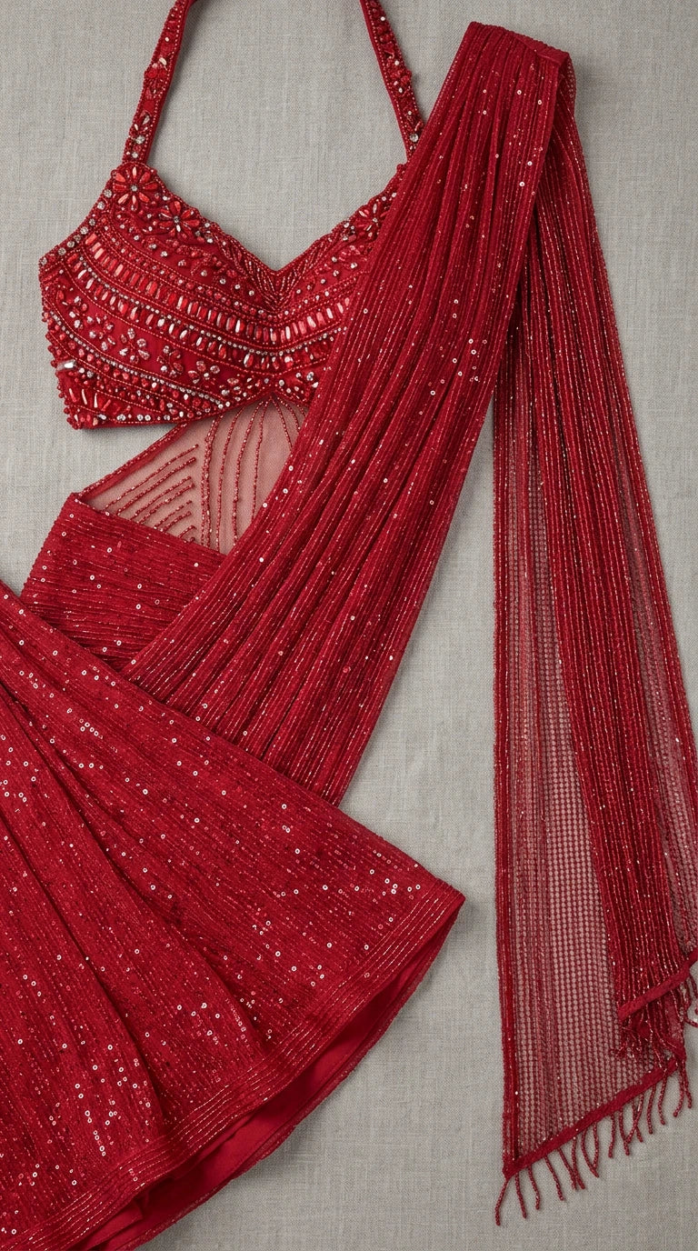 Close-up flat lay of red beaded bodice and pleated drape sash detailing
