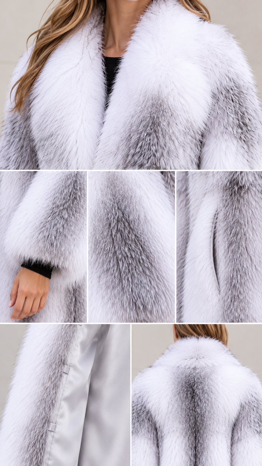 Detailed close-up collage of collar, sleeves, texture, and lining of Silver White faux fur coat