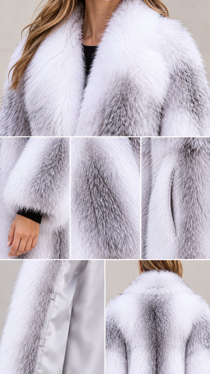 Detailed close-up collage of collar, sleeves, texture, and lining of Silver White faux fur coat