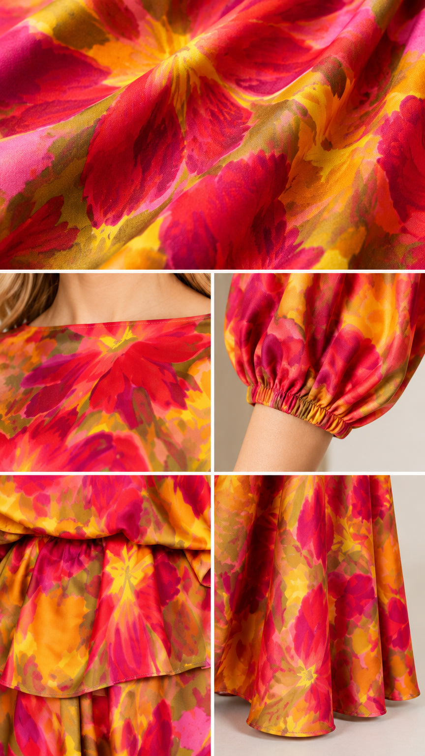 Close-up detail collage showing satin floral texture, boat neckline, elastic cuff, and hemline