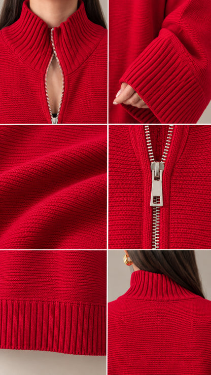 Detail view of red knit fabric, zipper pull, mock collar, and ribbed cuffs