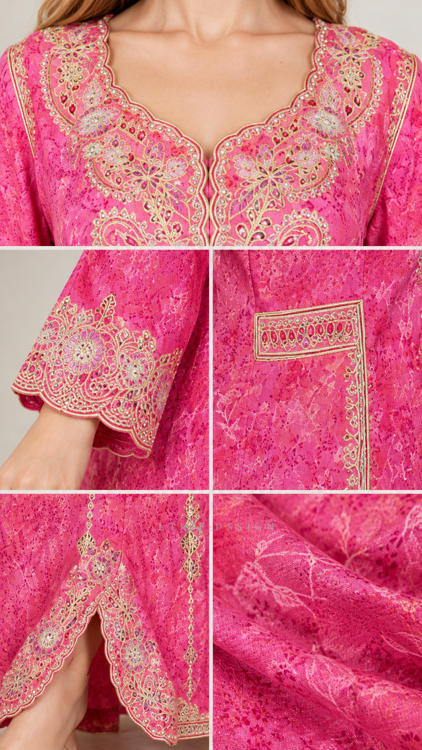 Close-up details of embroidery on neckline, cuffs, hem slit, and jacquard texture