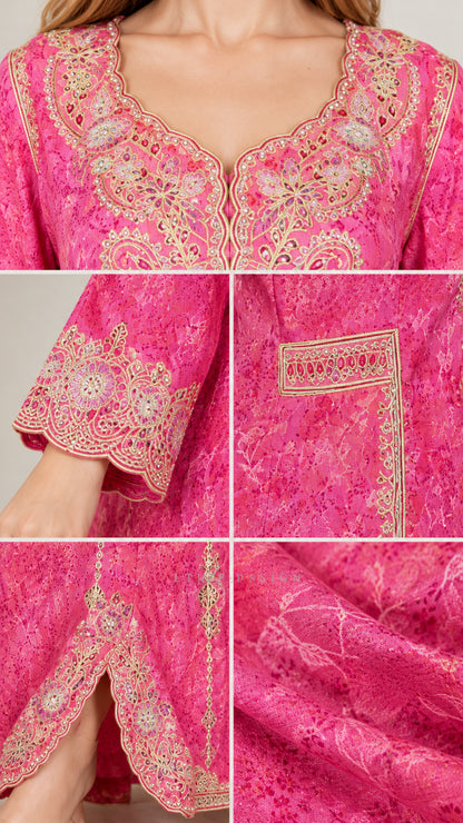 Close-up details of embroidery on neckline, cuffs, hem slit, and jacquard texture