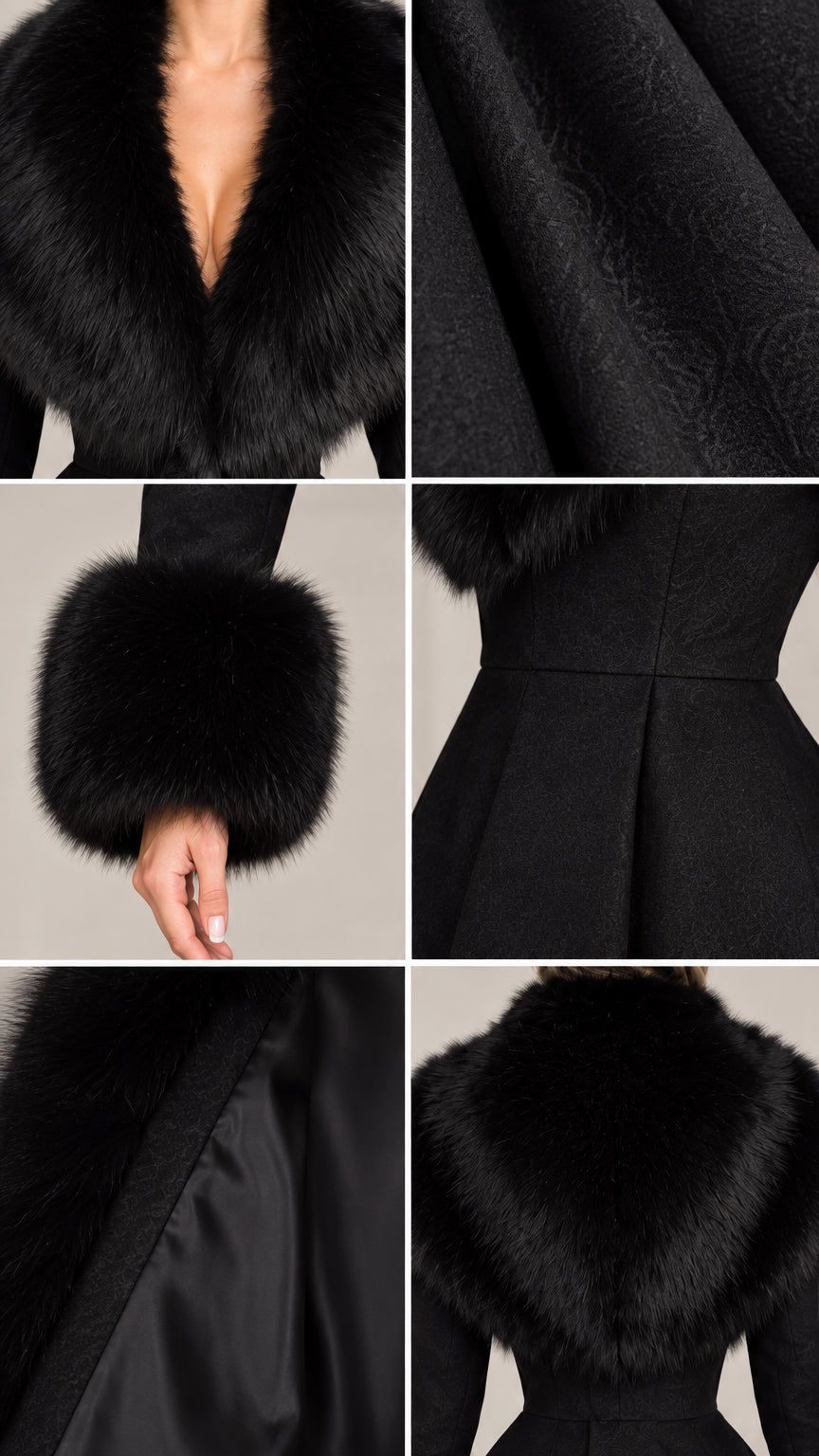 Detail view of black faux fur collar cuffs and interior coat lining