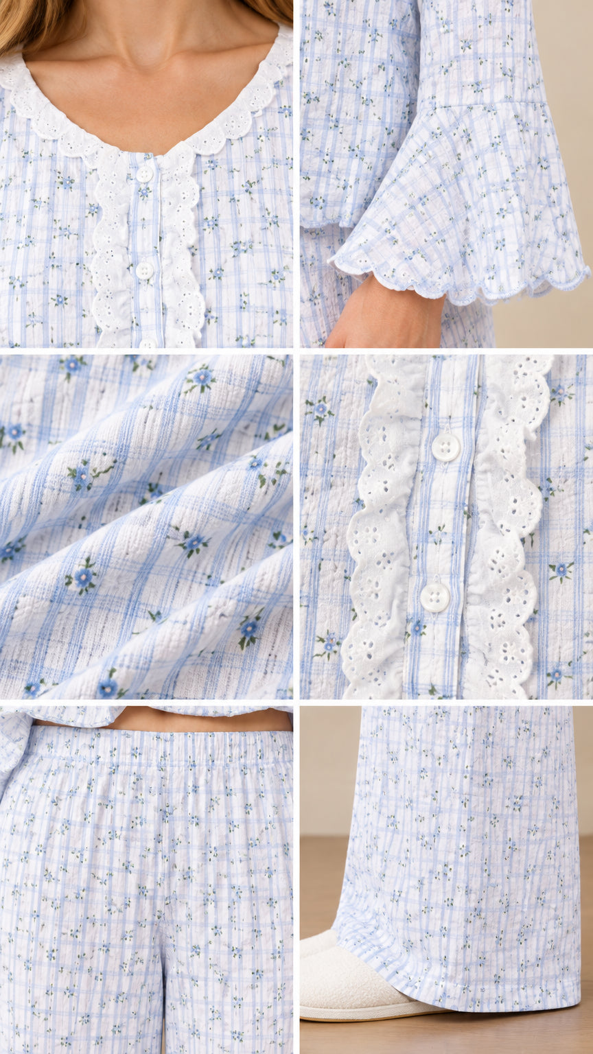 Close-up details of eyelet lace trim, buttons, flared sleeve, and floral fabric texture