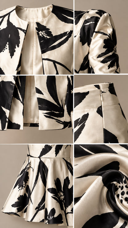 Close-up details of jacket neckline, fabric texture, skirt zipper, and flared hem