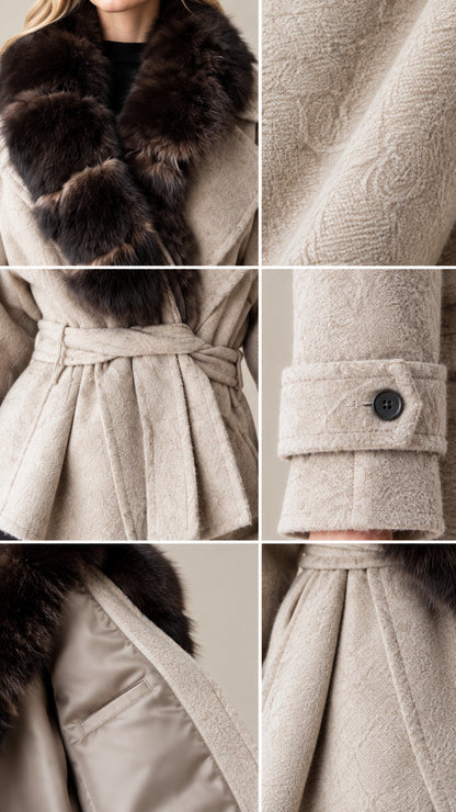 Close-up detail collage showing faux fur collar, belt tie, button cuff, and inner lining