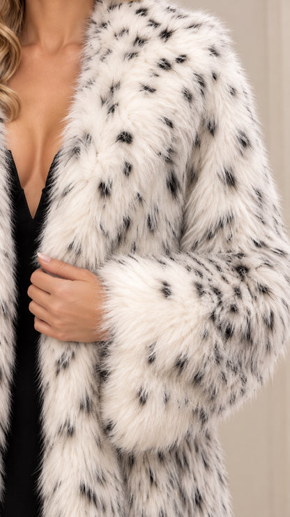 Close-up detail of textured white and black spotted faux fur lapel and sleeve