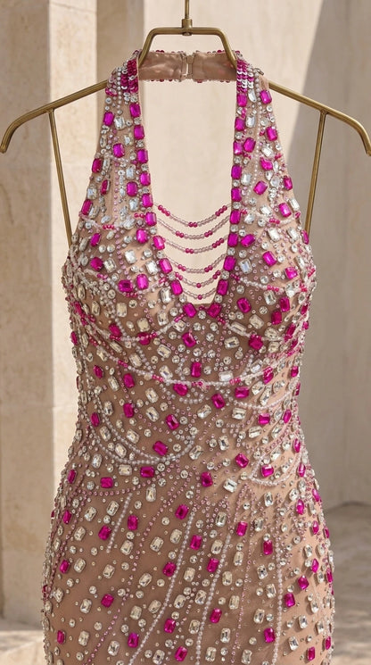 Detailed close up of crystal beading and rhinestone neckline detail