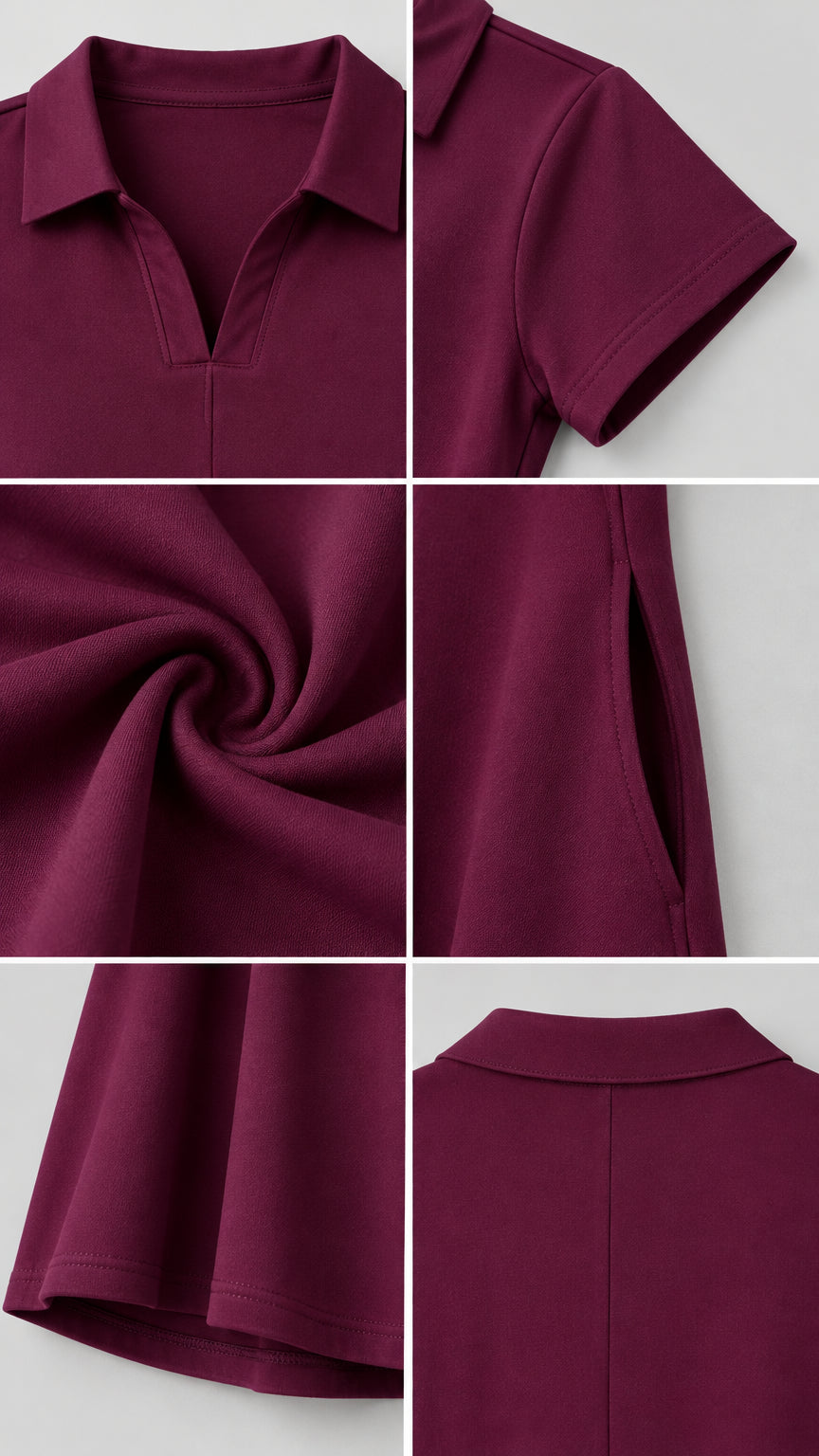 Close-up detail shots of polo collar, sleeve hem, soft fabric texture, and side pocket in Burgundy