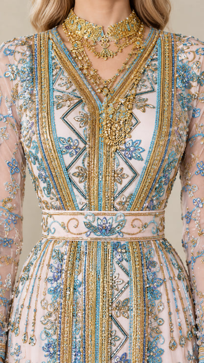 Close-up detail of intricate gold and blue embroidery, neckline, and belt on blush pink caftan