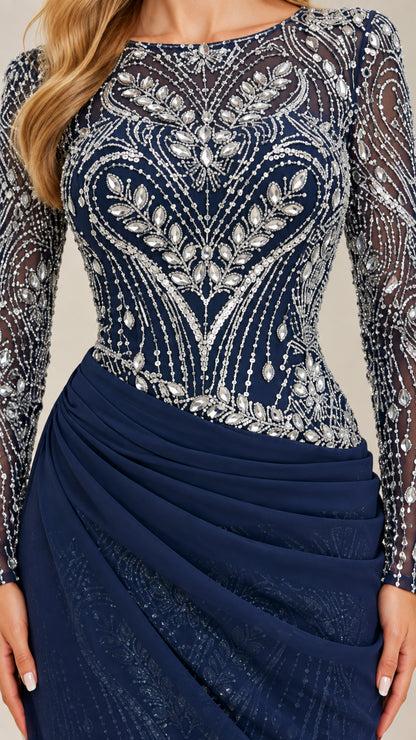 Close-up of navy blue sheer illusion bodice with silver beaded floral pattern