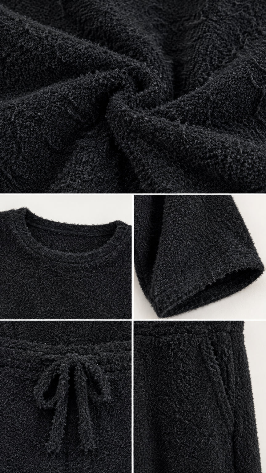 Close-up details of soft fuzzy knit texture, neckline, drawstring, and pocket